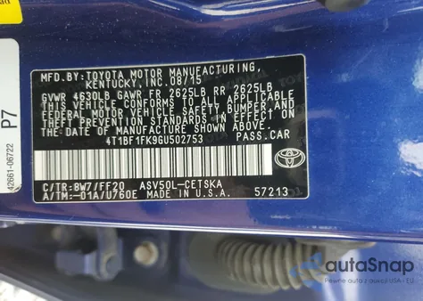 2016 Toyota Camry Le из США, поврежденный, VIN 4T1BF1FK9GU502753